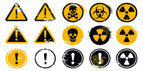 Obraz premium Collection of warning danger biohazard and radiation symbol signs