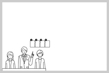 Fototapeta premium 余白のある会議で方針を説明するビジネスパーソンのイラスト（モノクロ）