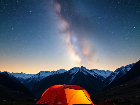 Chitral peaks, snow-capped, bathed in starlight, Milky Way arches above, tent's warm light,  mountains,  tranquil