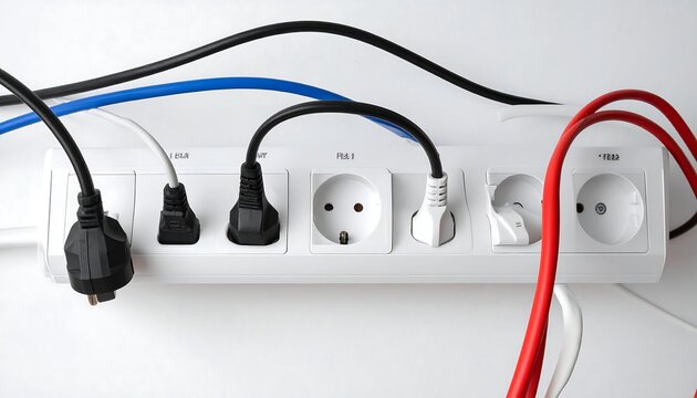 White power strip with various plugs connected, against a plain white wall, showcasing tangled cords