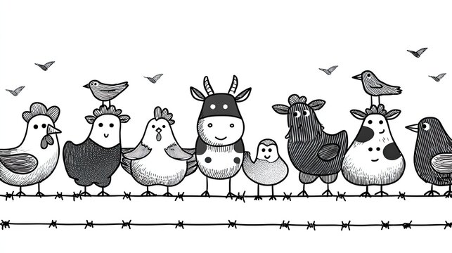 Group of charming farm animals and birds depicted in a simple, contrasting line drawing style