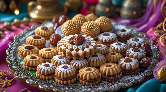 traditional Eid al-Fitr desserts, featuring an assortment of date sweet cookies, specifically mamool or Kahk, freshly baked for the occasion