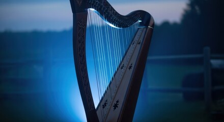 Obraz premium Mystical Harp in Twilight - A Serene Musical Landscape.