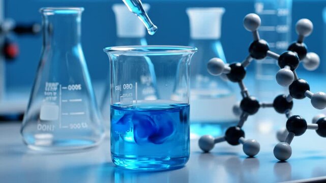 A laboratory setup with a beaker of blue liquid and a molecular model