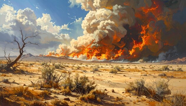 Vast dry landscape engulfed by intense wildfire and smoke