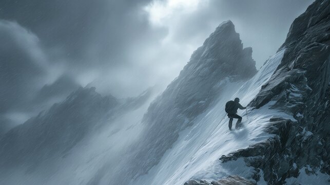 Lone climber struggles up a steep mountain ridge during a powerful snowstorm with swirling clouds above
