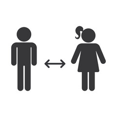 Isolated pictogram showing man and woman figures separated by arrows indicating required distance rule between genders in school or facility areas