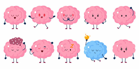 Obraz premium Cute cartoon brains displaying various emotions and mental states