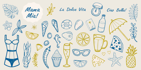 Italian summer themed doodles featuring citrus swimwear and beach elements © Suresh