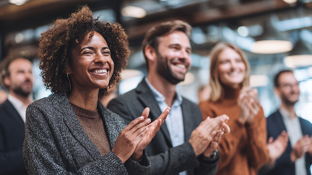 business team celebrating success with applause in modern office representing teamwork collaboration company growth and employee recognition