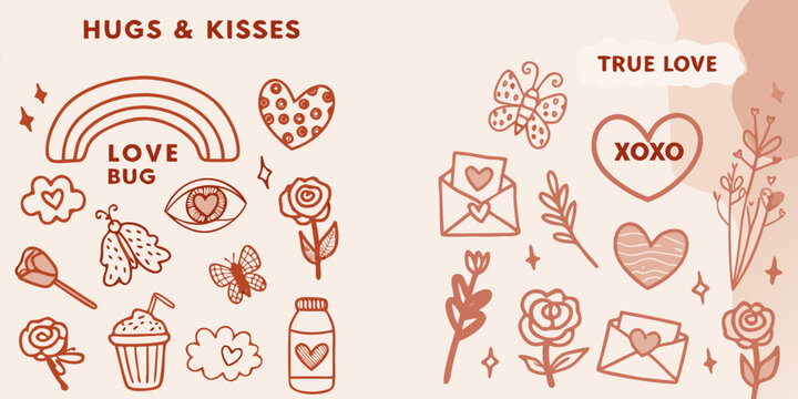A collection of illustrated love themed stickers and doodles in pastel colors