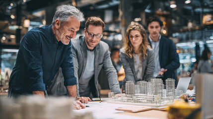 business strategy meeting with architecture engineering team and investors discussing construction model and building project design