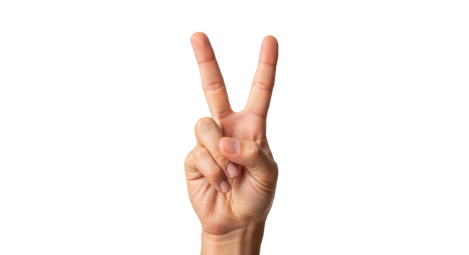 Isolated hand gesture showing peace sign, V sign, two fingers pointing up, friendship sign
