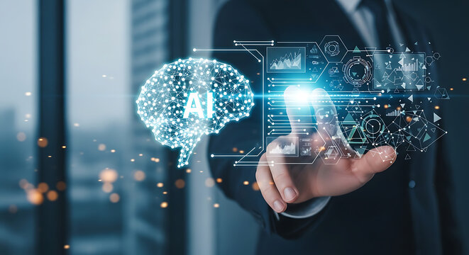A businessman interacting with a futuristic AI interface in a modern office