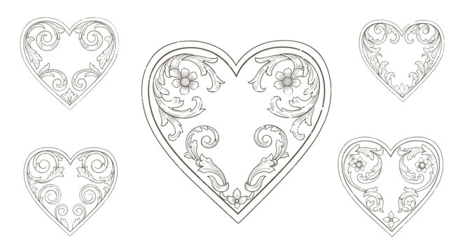 Set of decorative ornate hearts with floral and swirl patterns