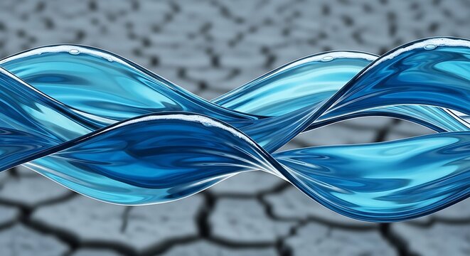 A blue wavy ribbon flowing over a dry cracked earth surface illustration from a top viewpoint