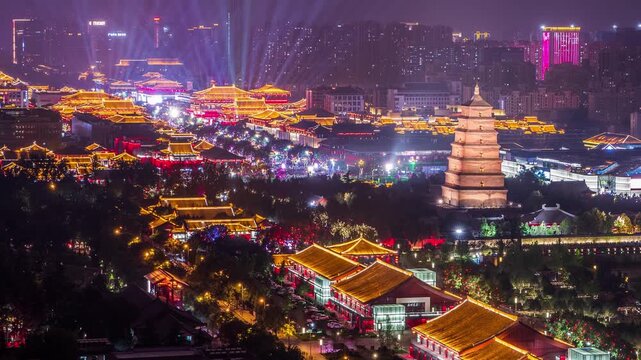 Xi'an Night Cityscape with Illuminated Pagodas and Temples