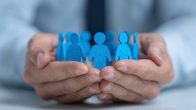 corporate leadership concept with businessman protecting small blue team figures representing employee care workforce value and responsible management