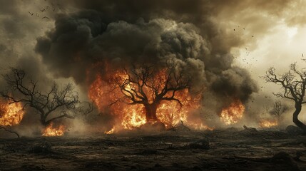 Fototapeta premium An ancient tree engulfed in a massive wildfire with thick smoke plumes and intense flames.