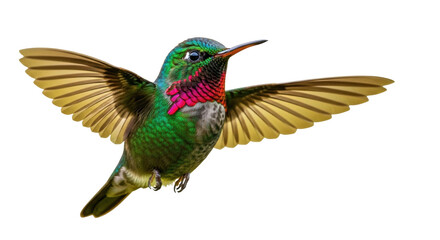 Isolated Rufous-tailed hummingbird in flight with wings spread, looking to the right side