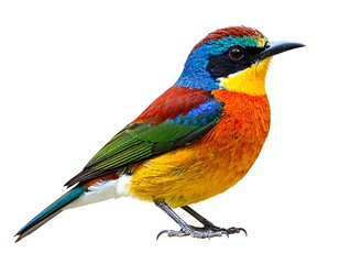 Obraz premium Vibrantly colored bird with striking plumage poses in profile against a plain background, showcasing its vivid hues