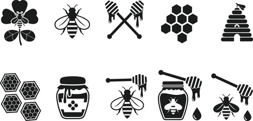 Set of honey bee icons including honeycombs, jars, dippers, hives, and flowers for natural organic food branding, beekeeping, and sweet illustrations. © Sreekartik