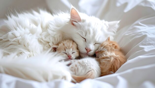 White cat rests gently with two ginger kittens nestled closely on soft, rumpled white bedding