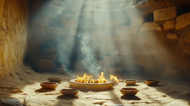 Ancient Fire Ritual with Clay Offerings Under Sunbeams in Sandy Setting