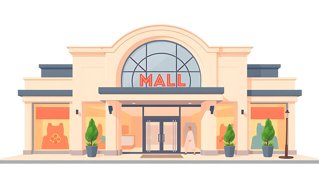 Modern shopping mall building exterior facade with glass entrance and storefront windows