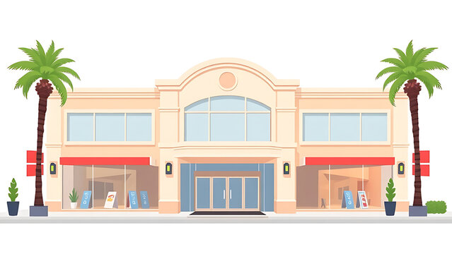 Modern shopping mall building exterior with palm trees