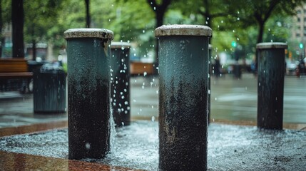 Naklejka premium Broken Public Water Fountains in an Urban Park During Rain