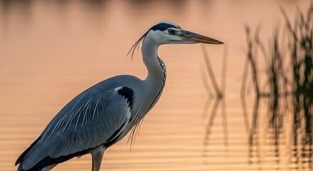Naklejka premium Elegant heron bird profile view against calm water background