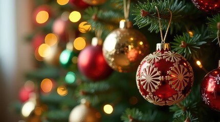 Close up of intricately designed christmas ornaments hanging on a tree with warm lights and blurred background