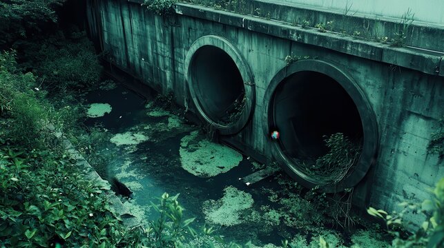 Algal blooms form near industrial drainage pipes in urban environment during overcast lighting