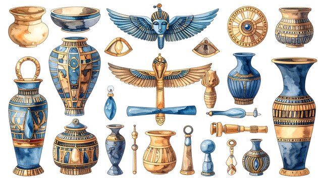 Watercolor illustration of collection of stylized, golden and blue ancient Egyptian artifacts