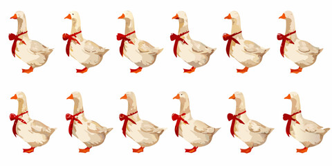 A sequence of geese illustrated with red bows around their necks © Ranu