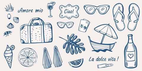 Summer vacation doodles featuring italian phrases and beach themed items © Ranu