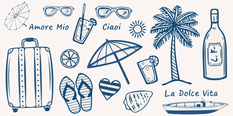 Summer vacation doodles featuring italian phrases and beach accessories © Ranu