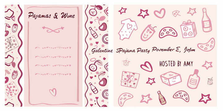 Galentine s pajama party invitation with doodles and pink color scheme