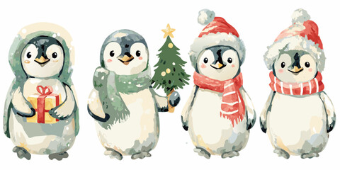 Festive watercolor penguins celebrate the christmas holiday season together © Ranu