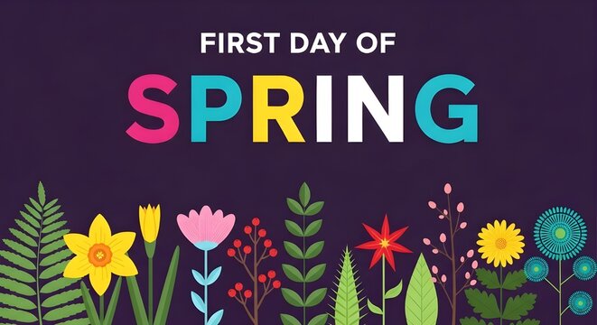 First Day of Spring or It's First Spring Day background template with colorful flower. Hello spring or Spring background with beautiful colorful flower. Vector illustration template.