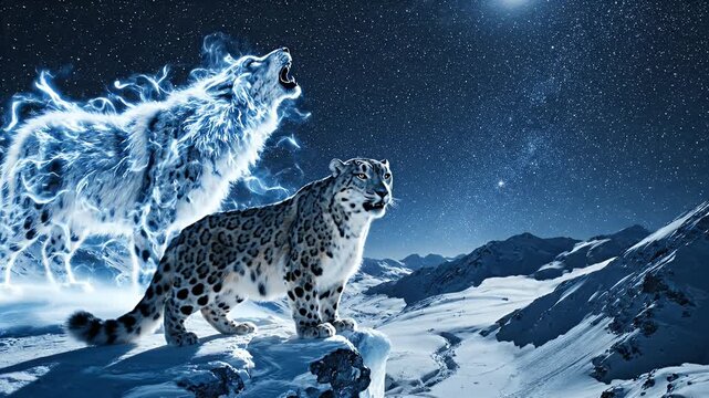 Nighttime Blues Scene: Two Glowing Snow Leopards Trek Across a Snow-Capped Alpine Ridge Beneath a Starry Sky