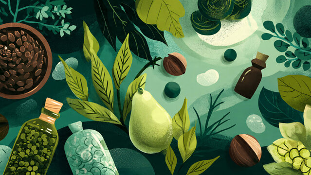 Whimsical illustration of natural ingredients for health and wellness.