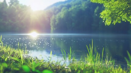 Fototapeta premium Tranquil lake at dawn with sunbeams reflecting on the water and misty forest backdrop