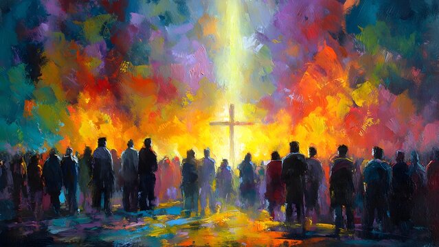 Abstract Artistic Illustration of a Cross with Vibrant Colors and Radiant Light