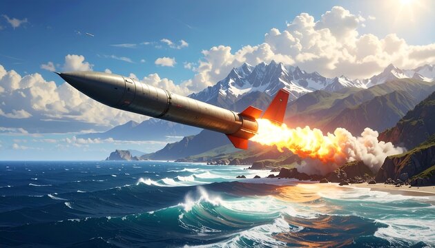 A projectile launches over a scenic coastline with mountains and ocean