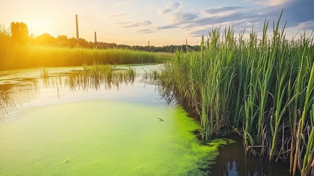 Toxic algae bloom expanding across the surface of a pond with vibrant green colors, reeds, and distant industrial background.