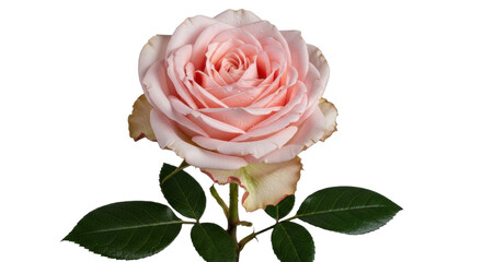 Isolated pink rose blossom, floral plant with delicate petals and green leaves, nature stem