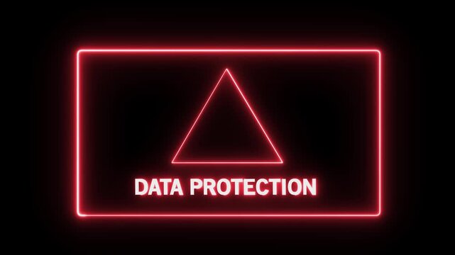 Glowing neon Data Protection attempting to break into a digital animation system with a lock icon on the screen, on Black Background screen and Features high quality 4k animation