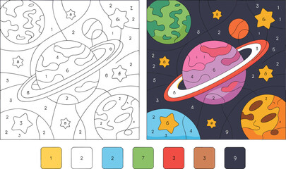 Fototapeta premium Color by Number Space Planets and Stars Activity Sheet